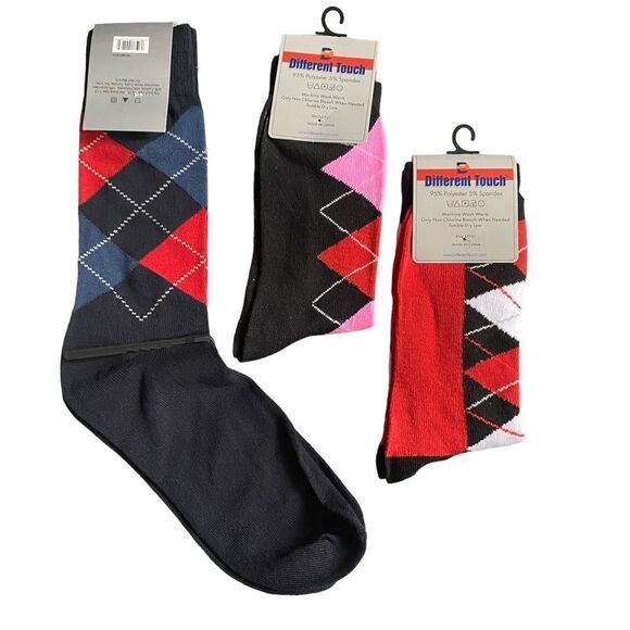 NEW ARGYLE Sock Trio Red, Black, Pink Multicolor - Picture 2 of 5